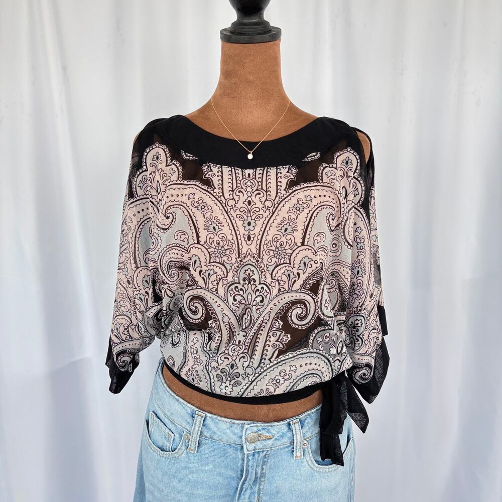 2000s INC International Concepts Paisley Semi Sheer Mesh Tie Waist Top Small‎